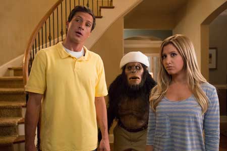 Simon Rex, Ashley Tisdale, and Caesar the monkey